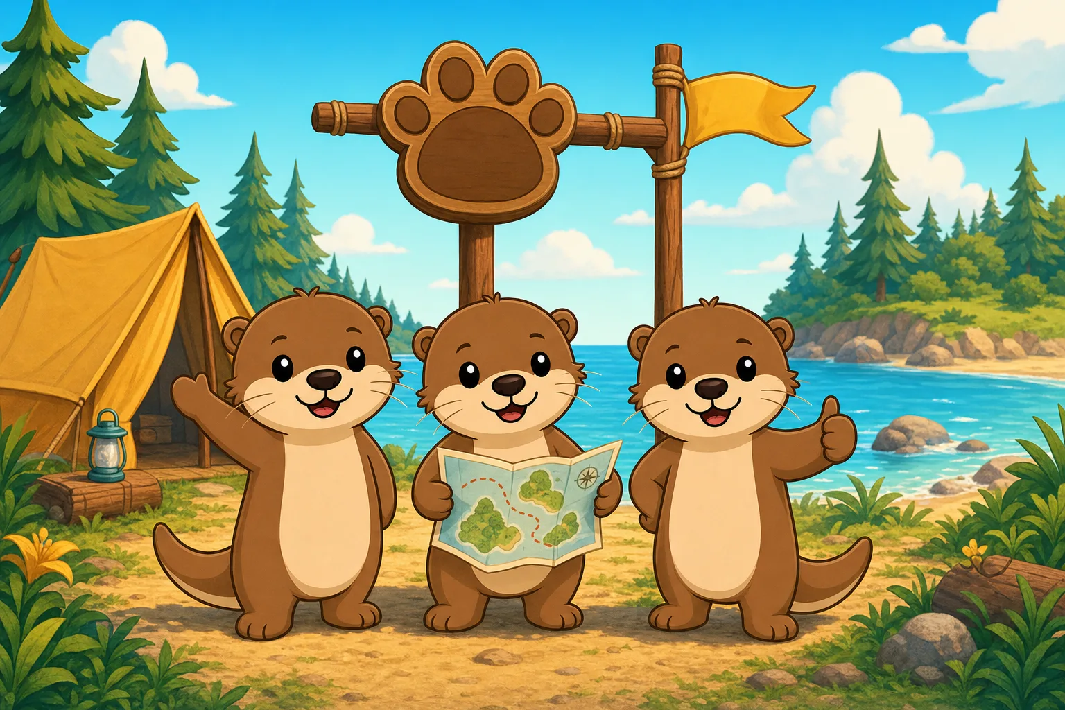 Three otters gathered around a wooden paw-print signpost at the entrance to camp