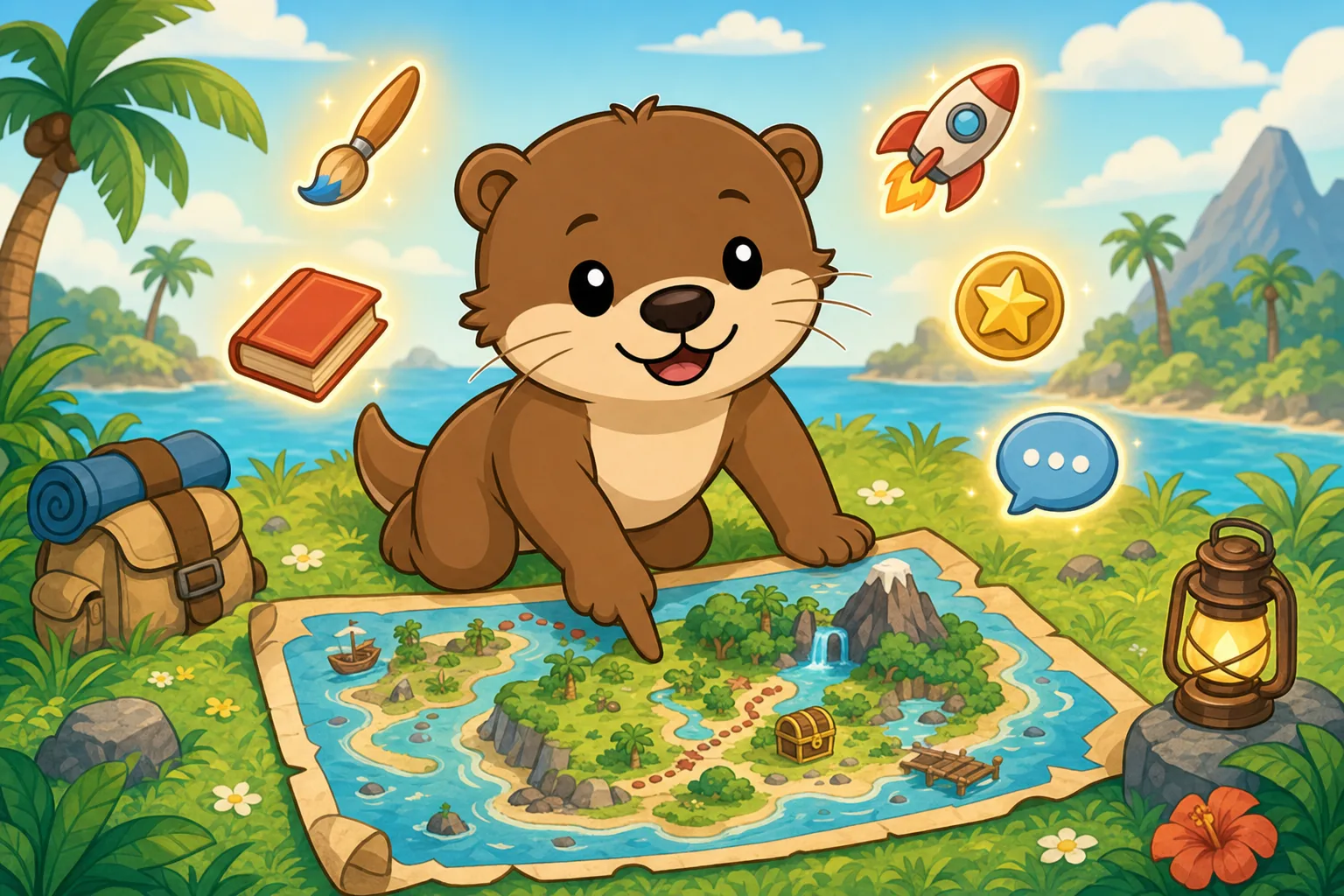 A camper otter poring over a treasure map surrounded by floating math, reading, and science activity icons