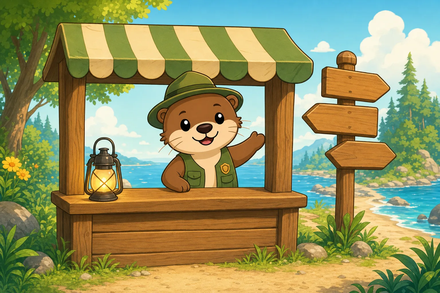 A friendly otter ranger at a help-desk booth beside a wooden signpost, ready to point new campers the right way
