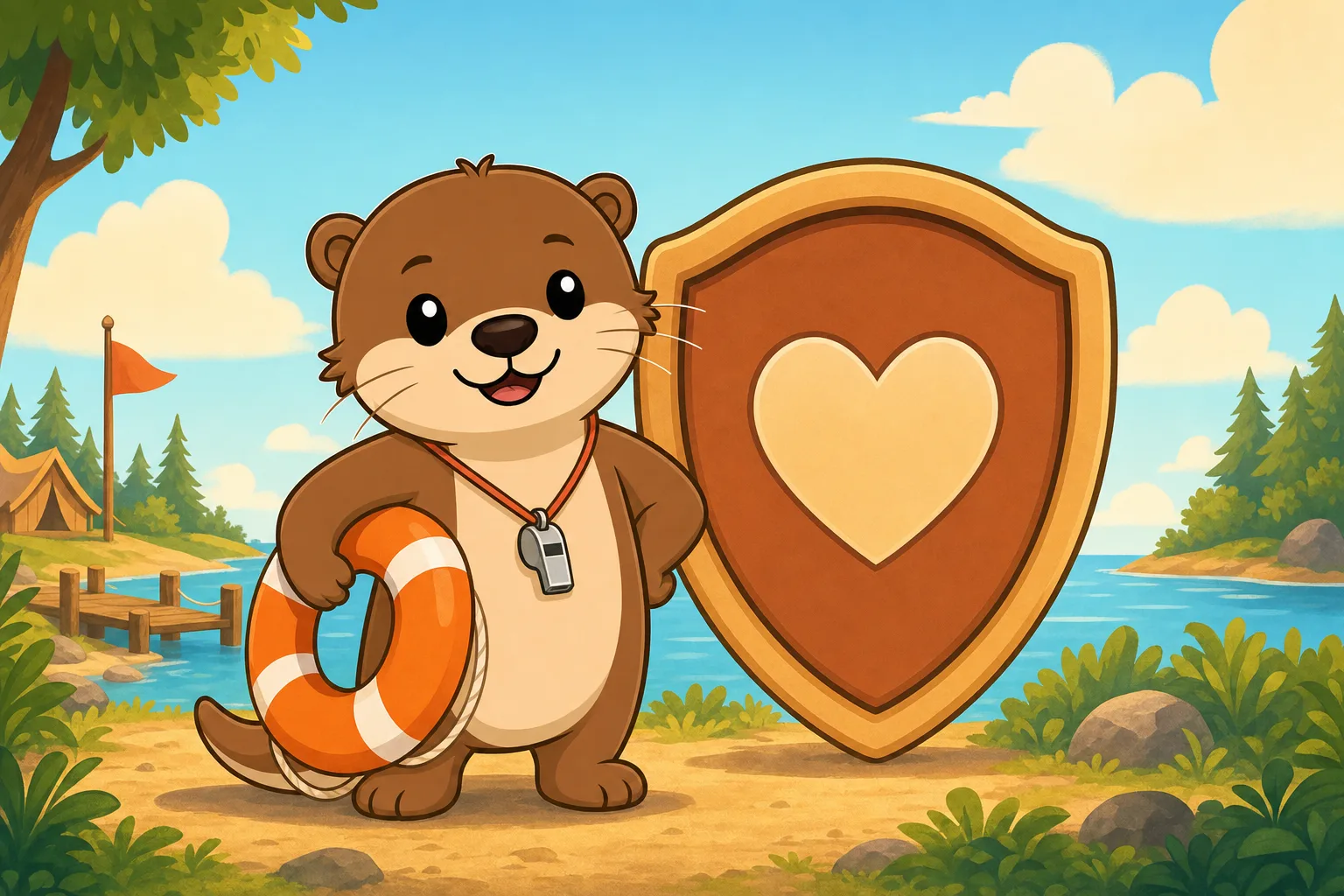 A friendly otter lifeguard holding a heart-shaped shield and a life ring, watching over the island