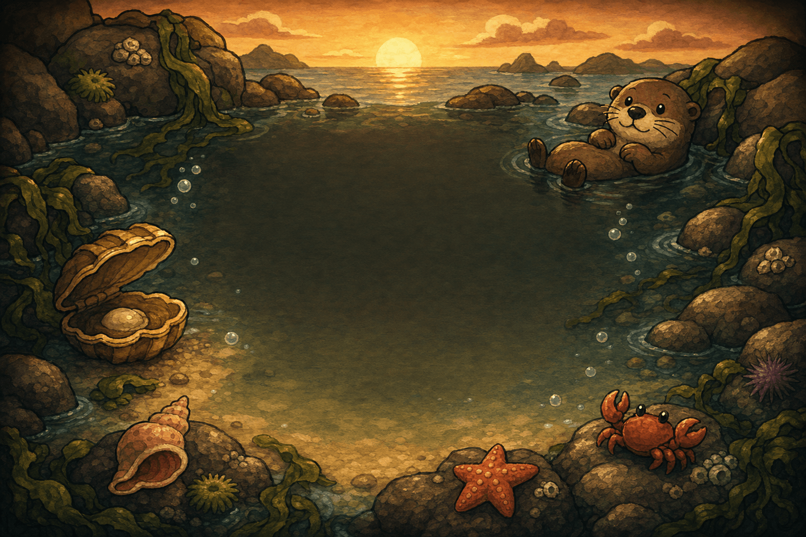 An otter solving a clam-shell coding puzzle on a sunny beach