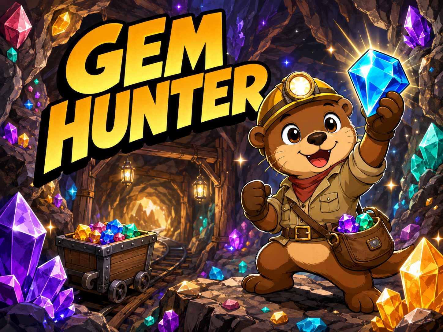 An otter digging for glittering gems in a sparkling cave