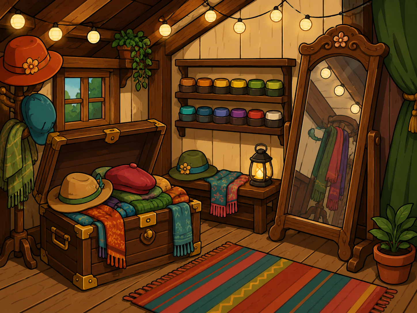 A cheerful otter customizing its outfit and decorating a cozy island den