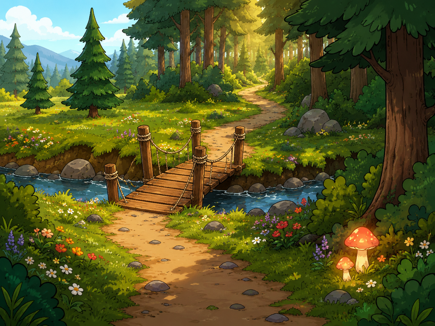 A young otter exploring a colorful island trail dotted with hidden treasures