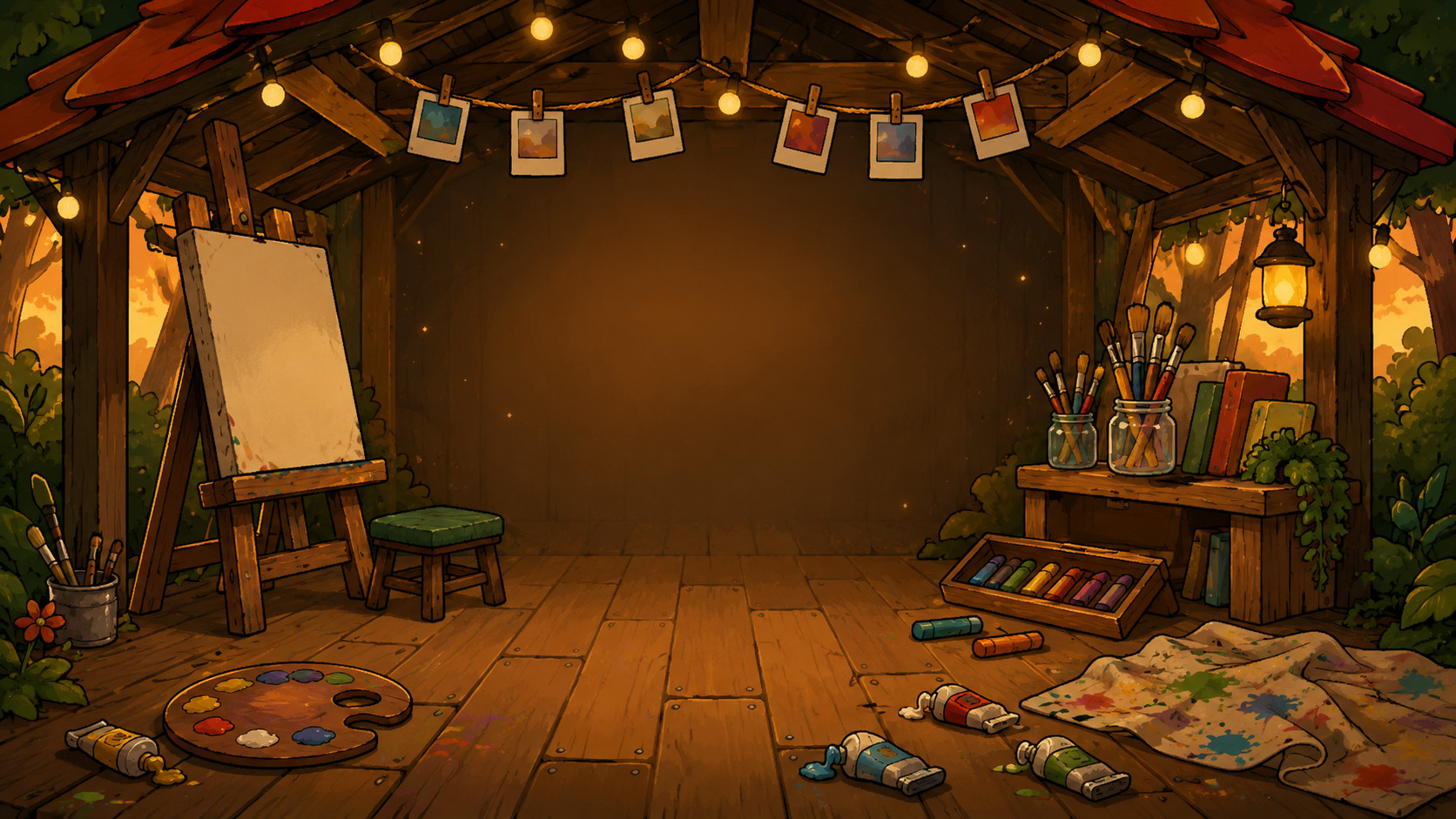 An otter making art and music in a colorful creative studio